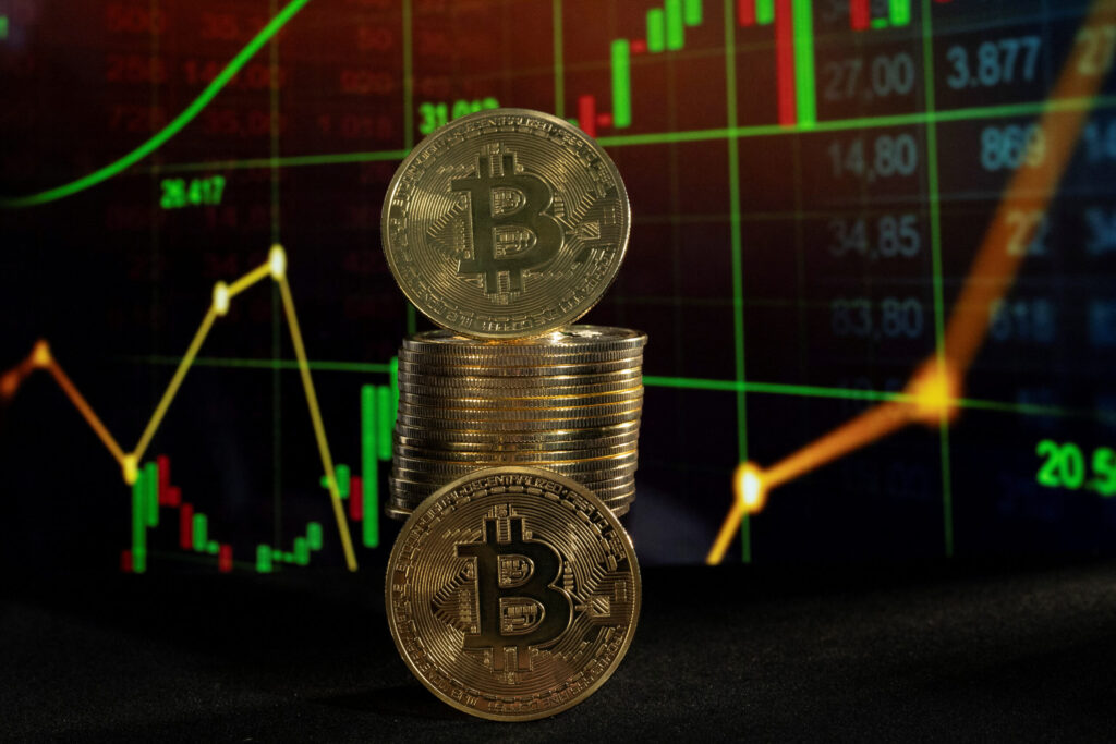 Bitcoin tokens and a price chart are seen in this illustration picture